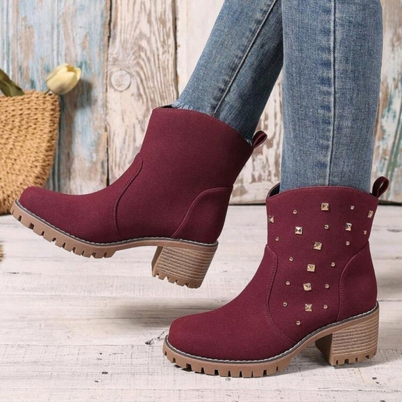 Burgundy MixedRivetAsymmetricalChunky Heel Round Toe Thick Sole Comfortable Boot - Picture 1 of 5